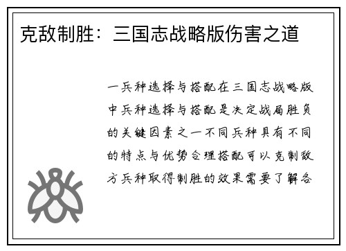 克敌制胜：三国志战略版伤害之道